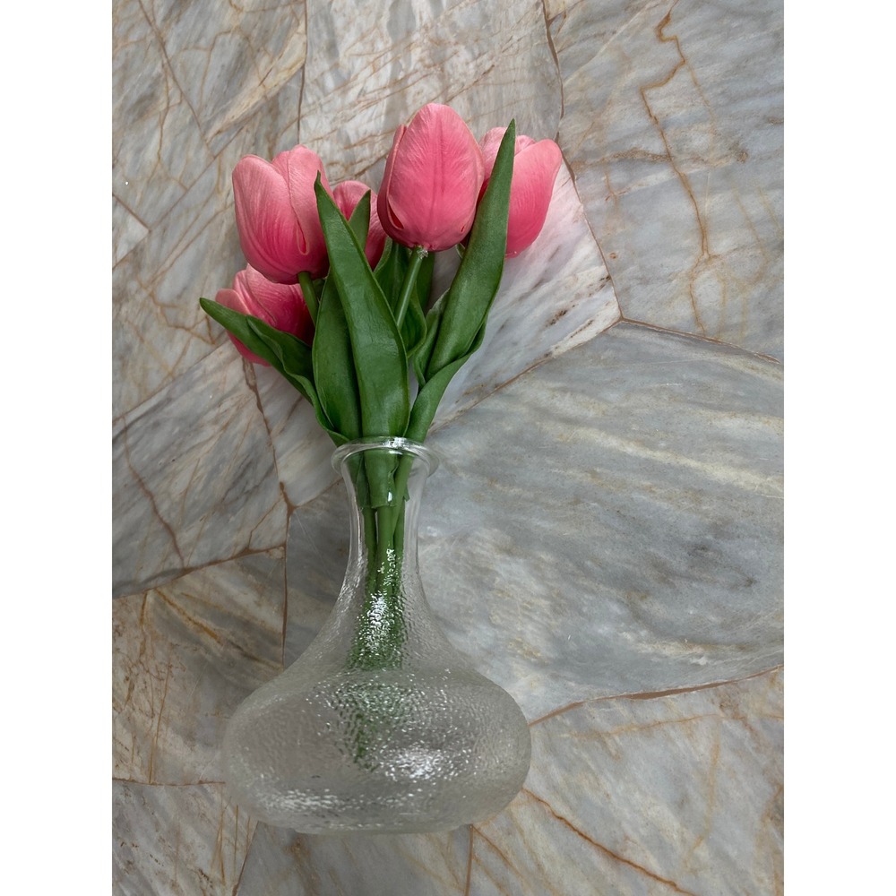 Pink Faux Tulips in Textured Clear Glass Bud Vase Arrangement 8.5 Inch